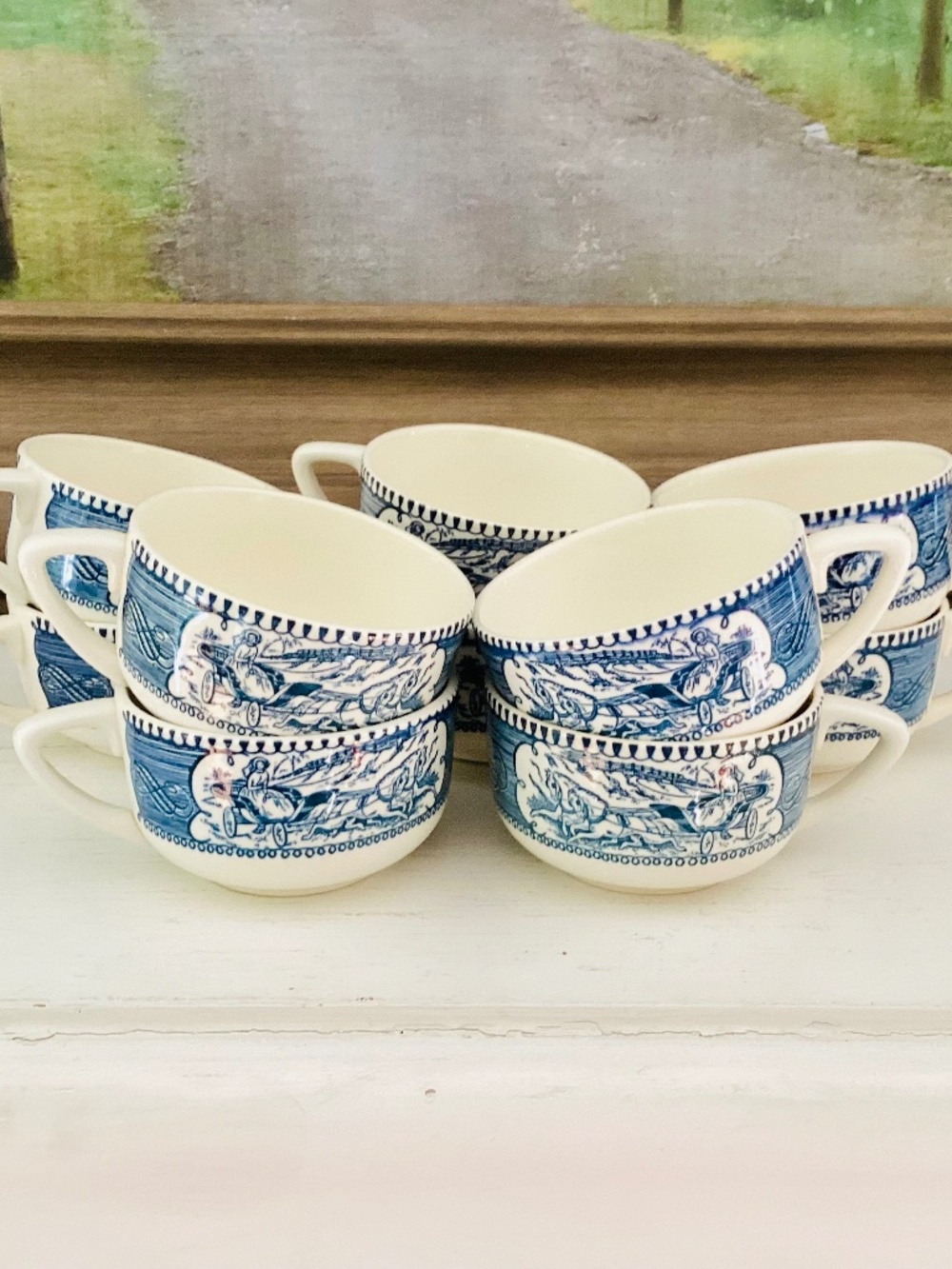 10 Royal Currier & Ives Vintage Horse & Carriage Blue Flat Tea Coffee Cups USA